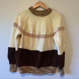 Vintage hand knitted Fisherman fair isle cream brown sweater size Large